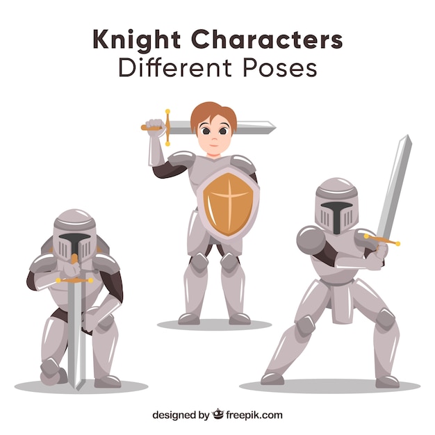 Vetor grátis embalagem de personagens com armadura em diferentes posições