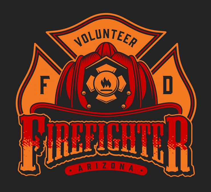 Vetor grátis emblema colorido de combate a incêndios vintage com inscrições cruzadas eixos e capacete de bombeiro na ilustração de fundo preto