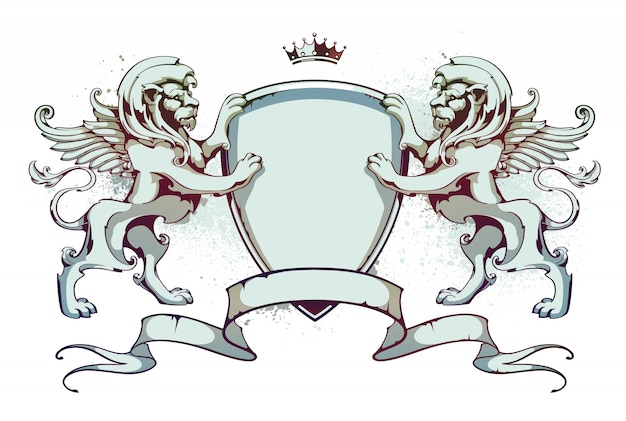 Emblema com fitas e leões