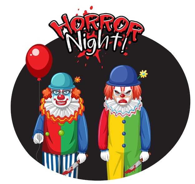 Emblema da noite de terror com dois palhaços assustadores