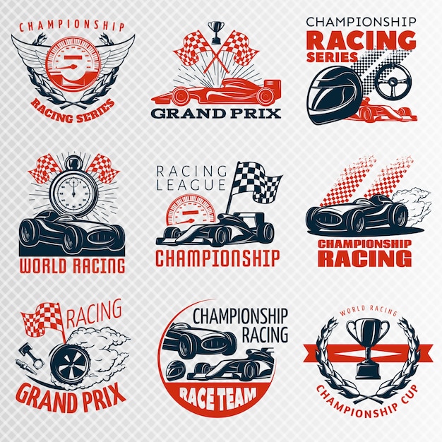 Vetor grátis emblema de corrida definido em formas diferentes de cor com ilustração em vetor descrições campeonato corrida corrida liga grand prix