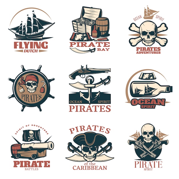 Vetor grátis emblema de piratas em cores com aventuras de piratas piratas das batalhas de piratas do caribe e muitas manchetes diferentes