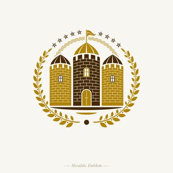 Emblema do castelo antigo. ilustração em vetor logotipo decorativo isolado do brasão heráldico. logotipo ornamentado em estilo antigo em fundo branco.