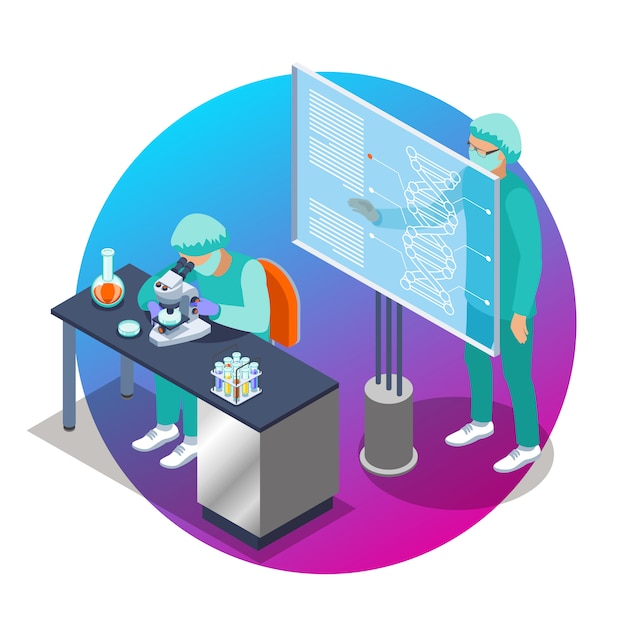 Emblema isométrica de microbiologia com duas pessoas cientista que trabalham na ilustração de laboratório