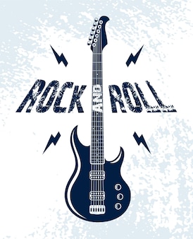 Emblema rock and roll com logotipo de vetor de guitarra elétrica, festival de concerto ou etiqueta de clube noturno, ilustração de tema de música, loja de guitarra ou impressão de t-shirt, sinal de banda de rock com tipografia elegante.