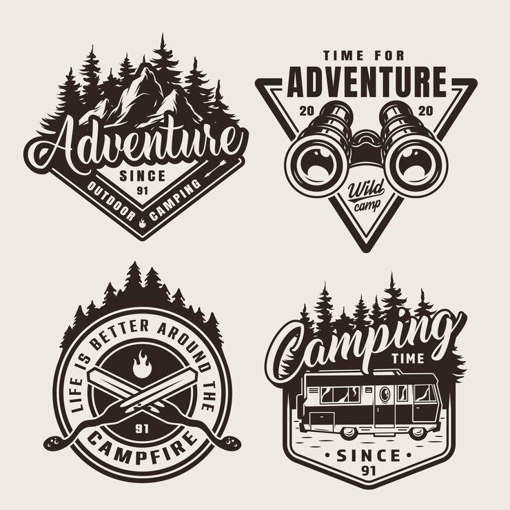 Vetor grátis emblemas de aventura de acampamento monocromático vintage