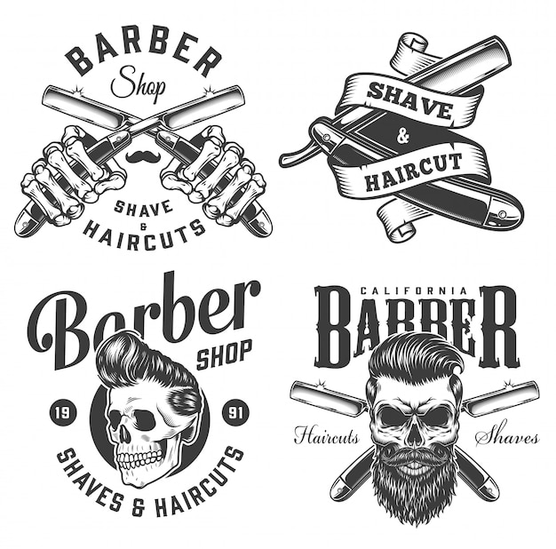 Vetor grátis emblemas de barbearia monocromático vintage
