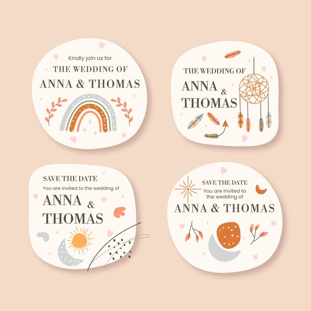 Emblemas de casamento boho desenhados à mão