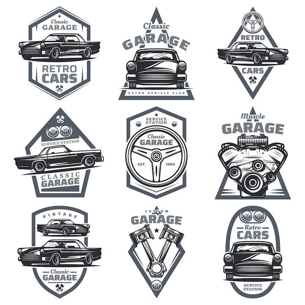 Emblemas de clube de veículos retrô com pistões de motor de motor de volante de automóveis clássicos em estilo vintage isolados