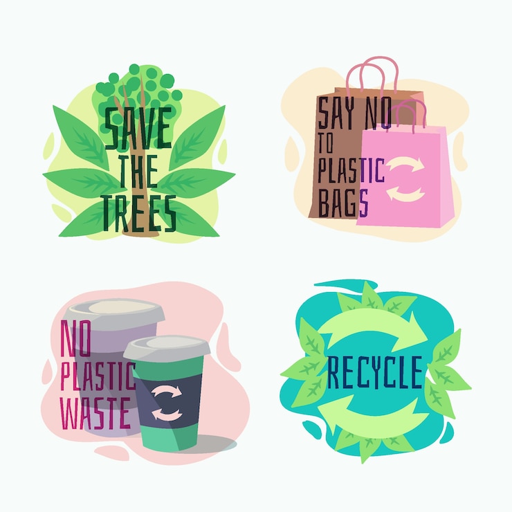 Vetor grátis emblemas de ecologia mão desenhada com sacos reciclados