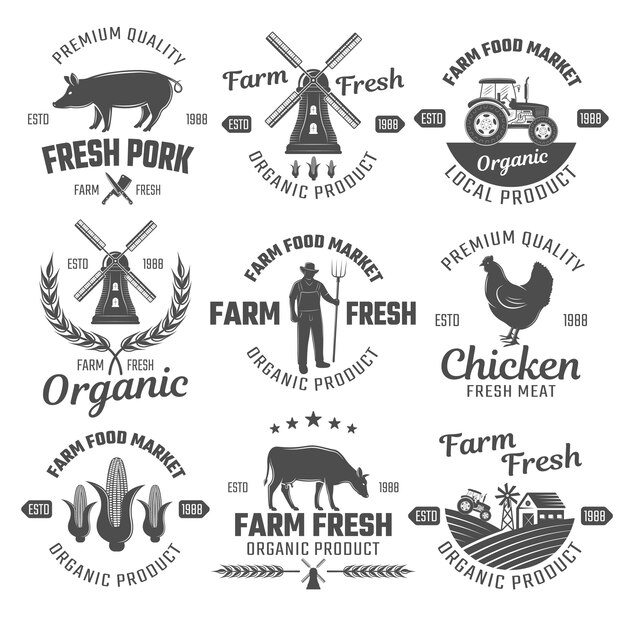 Emblemas de fazenda preto branco