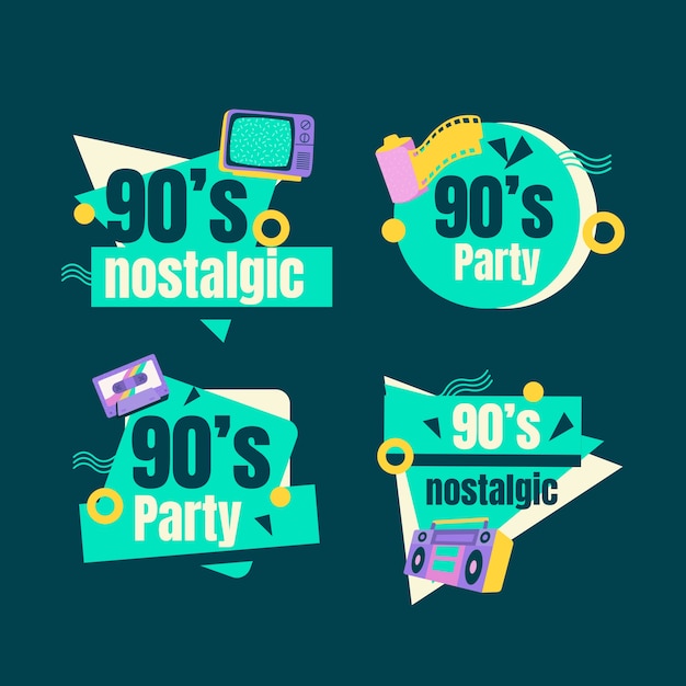 Emblemas de festa de design plano desenhados à mão dos anos 90