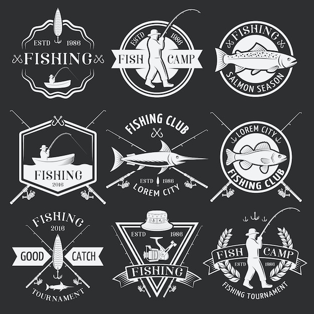 Emblemas de pesca branco sobre fundo preto