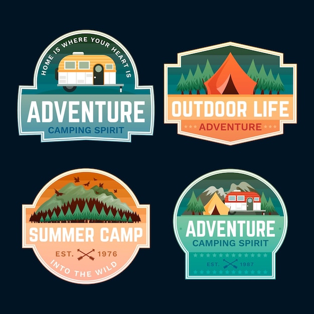 Vetor grátis emblemas de tenda e aventura ao ar livre