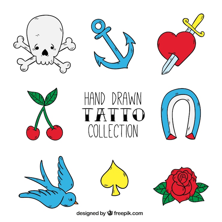 Vetor grátis emblemas estúdio de tatuagem, desenhado mão