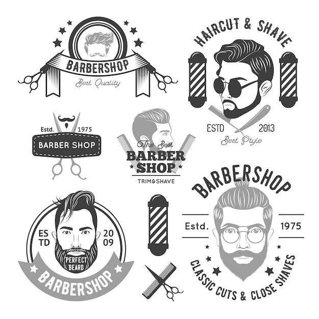 Vetor grátis emblemas monocromáticos de barbearia