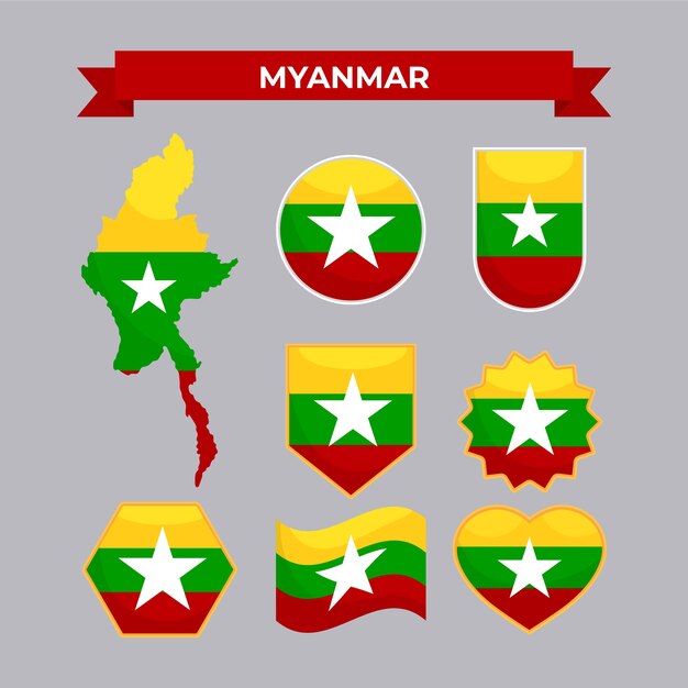 Emblemas nacionais de mianmar de design plano desenhado à mão