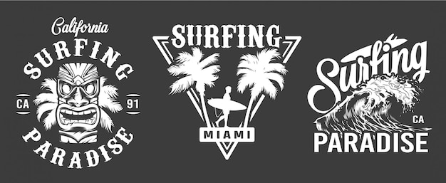 Emblemas vintage monocromáticos de surf