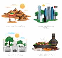 Vetor grátis emirados árabes unidos viajar 4 composições planas com comida tradicional férias guia de turismo monumentos naturais arquitetura ilustrações isoladas