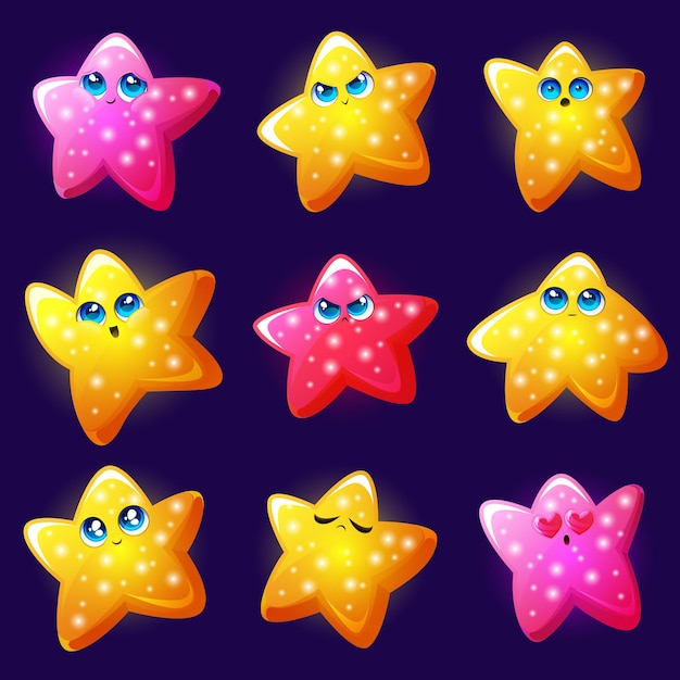 Emoji de estrela fofa, rostos brilhantes de ouro com diferentes emoções isoladas sobre fundo azul. conjunto de desenhos animados de vetor de personagem engraçado estrela com sorriso feliz, animado, zangado, arrogante, confuso e apaixonado