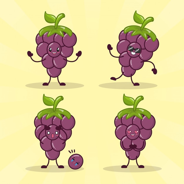 Emojis de uvas kawaii felizes