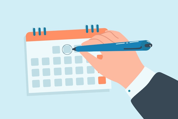 Vetor grátis empregado verificando data de evento importante, prazo no calendário. pessoa segurando caneta ilustração vetorial plana. gerenciamento de tempo, cronograma, conceito de agenda para banner, design de site ou página da web de destino