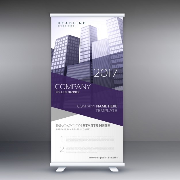 Empresa roll-up banner com formas roxo e edifícios