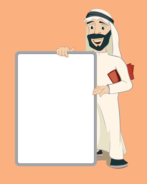 Empresário árabe segurando cartaz branco vazio na posição vertical. Personagem de desenho animado. Pessoa islam, aviso e negócios