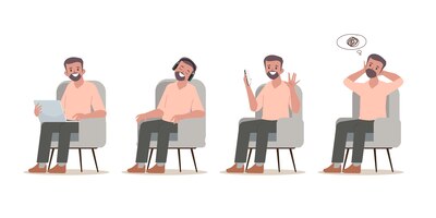 Vetor grátis empresário em trabalhador de escritório e conjunto de pose de personagem sentado design de pessoas de desenho animado plano