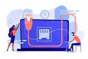 Vetor grátis empresário na mesa usando laptop com conexão ethernet. conexão ethernet, tecnologia de conexão lan, conceito de sistema de rede ethernet