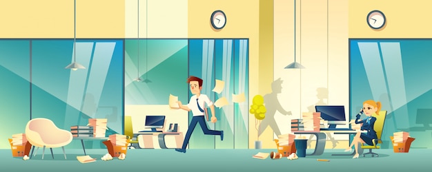 Empresários estressados em desenho animado de escritório