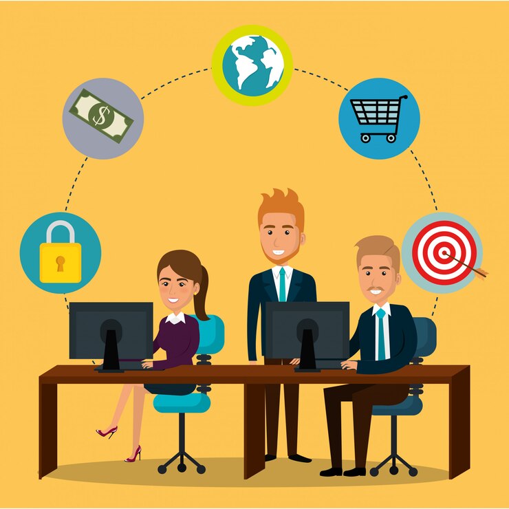 Vetor grátis empresários no escritório com ícones de marketing de e-mail