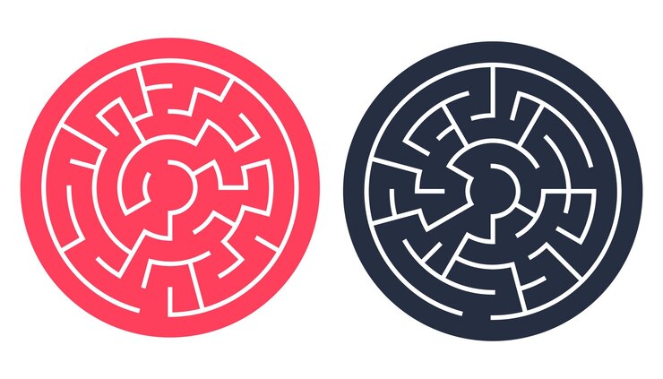 Vetor grátis encontre a direção certa para resolver o banner de padrão de quebra-cabeça de labirinto circular