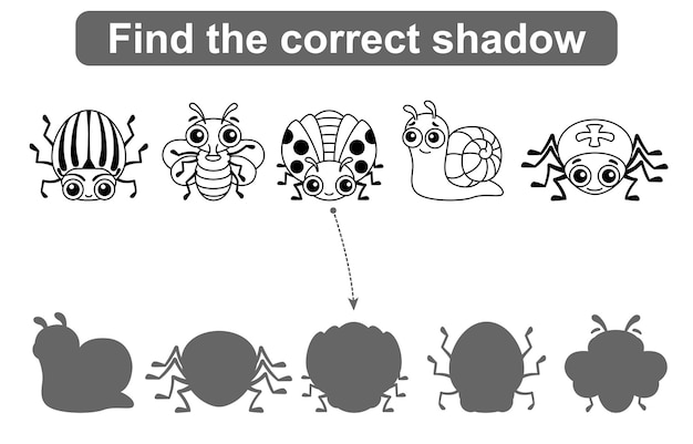Encontre a sombra correta. jogo educativo para crianças. desenhos para colorir insetos, nível de jogo simples para crianças em idade pré-escolar
