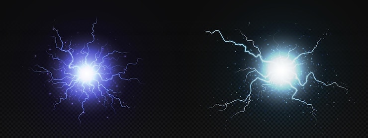 Vetor grátis energia elétrica de relâmpago explosão bola vetor 3d trovão círculo explosão luz em azul e roxo thunderbolt racha efeito de brilho descarga abstrata isolada em fundo transparente