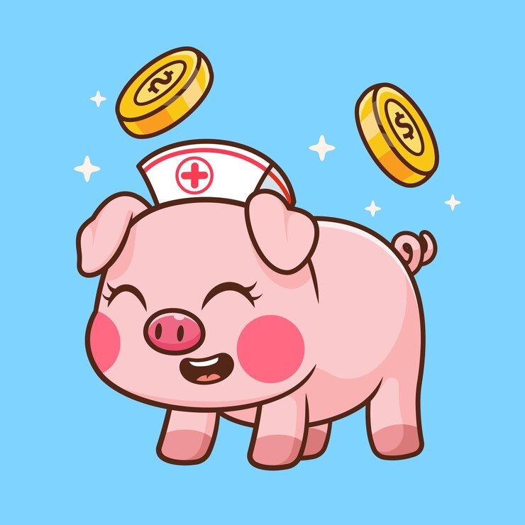 Vetor grátis enfermeira de porco bonita com moeda de ouro ícone vetorial de desenho animado ilustração finanças animais vector plano isolado