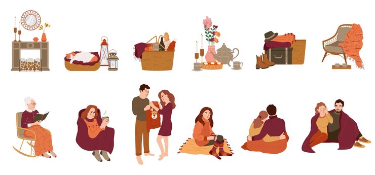 Vetor grátis enorme conjunto de estilo de vida de ícones planos com composições isoladas de interiores aconchegantes e ilustração vetorial relaxante de personagens humanos