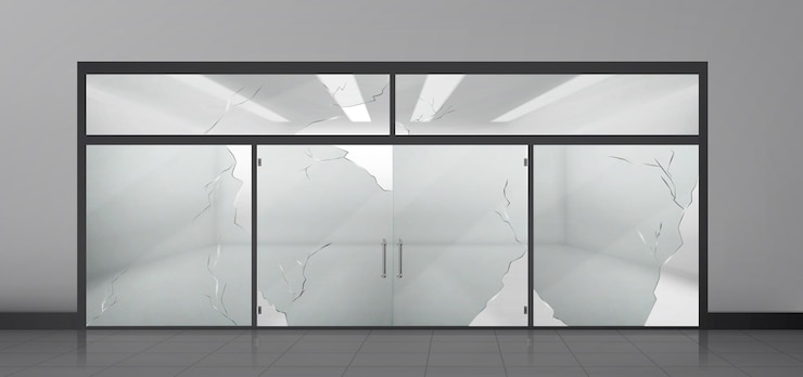 Vetor grátis entrada de vidro quebrado para loja ou museu porta grande fechada transparente e vitrine com buracos e rachaduras maquete realista de entrada frontal com janelas para supermercado ou escritório fachada de shopping quebrada