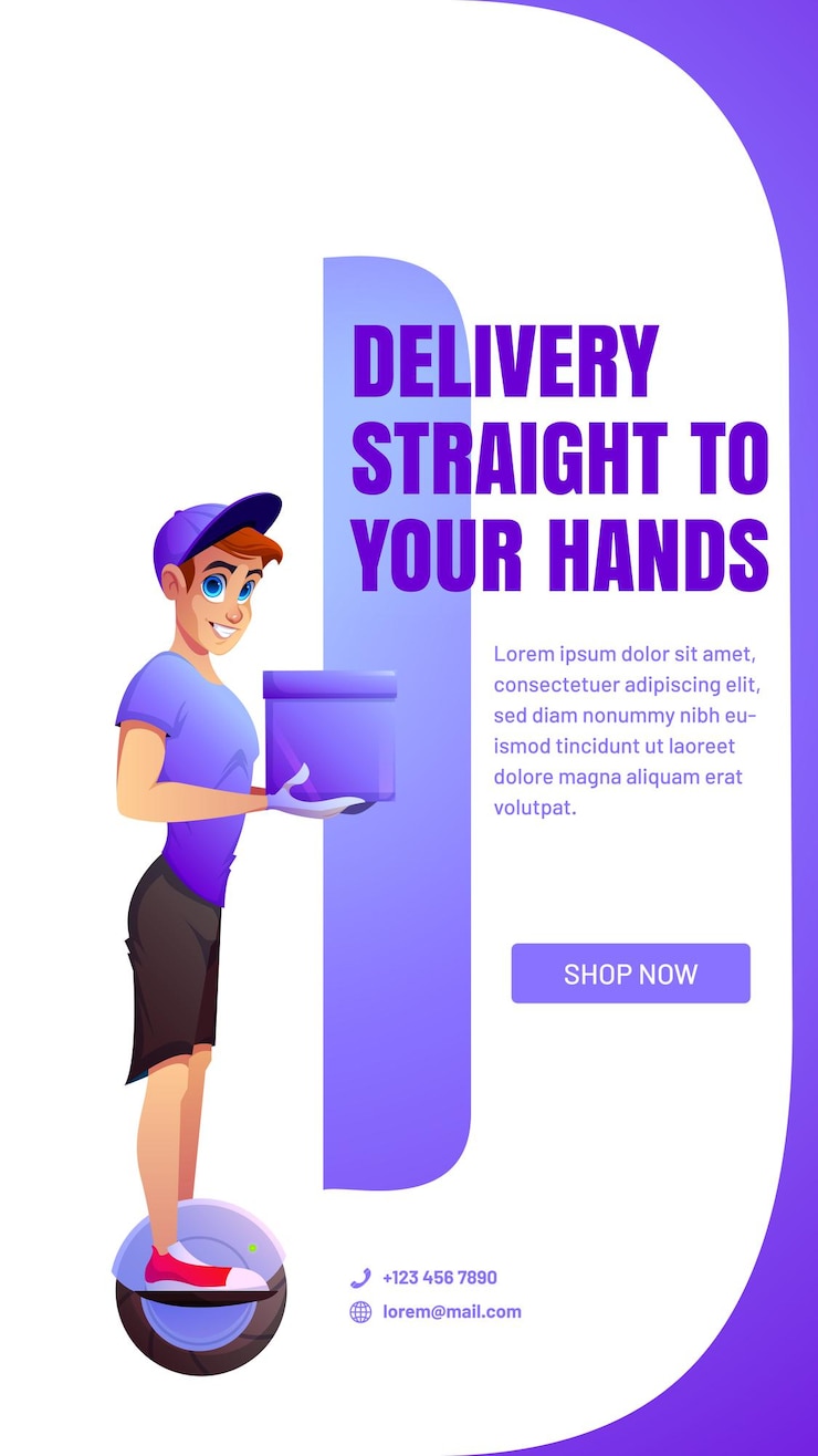 Vetor grátis entrega direto para suas mãos banner web de publicidade de desenhos animados com uniforme de uniforme de mensageiro, segurando a caixa andando de monociclo. design de anúncios promocionais de serviço de envio, página de tela a bordo do aplicativo móvel vector