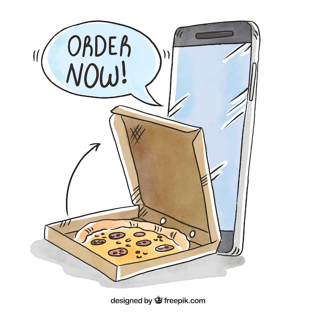 Vetor grátis entrega manual com telefone e caixa de pizza