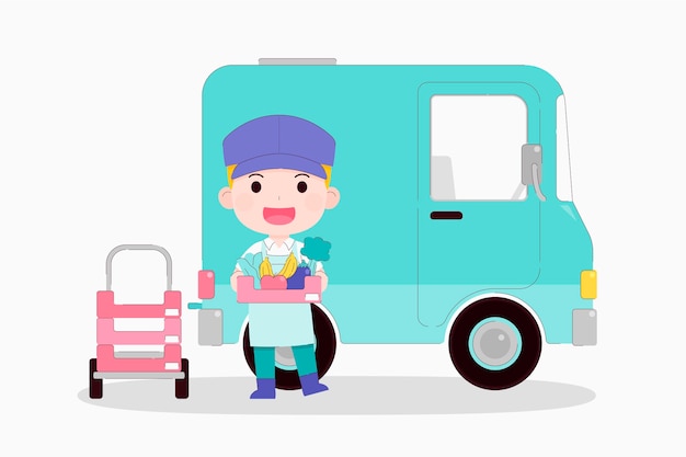Vetor grátis entregador desenhado à mão com caminhão