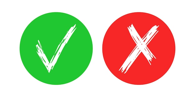Entregue a seleção desenhada e cruze os elementos do sinal isolados no fundo branco. grunge doodle marca de seleção ok no círculo verde e x nos ícones do círculo vermelho. ilustração vetorial