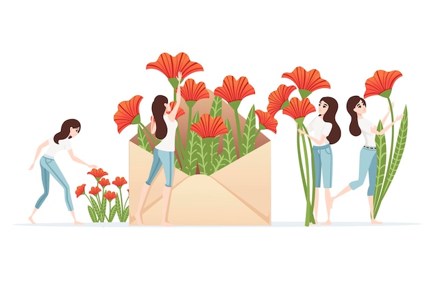 Envelope de papel com flores vermelhas e mulheres colhendo flores da primavera ilustração vetorial plana de elemento de design abstrato criativo em fundo branco.