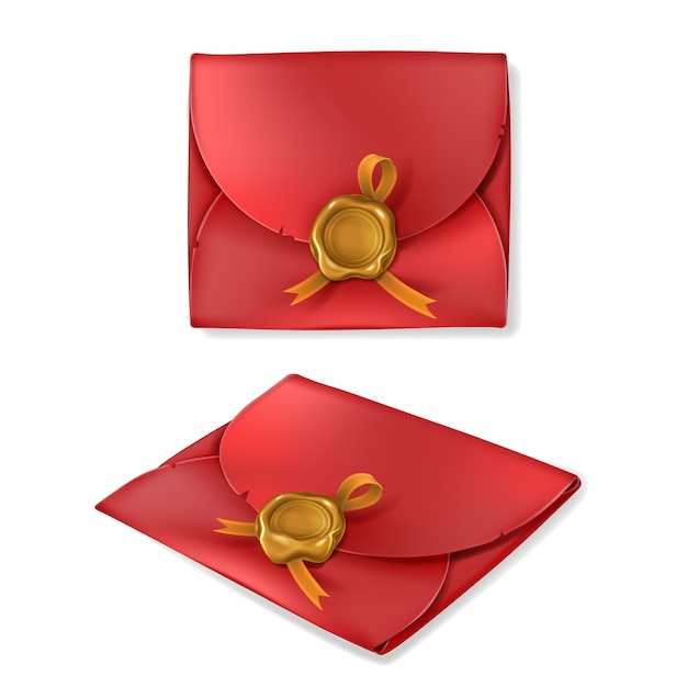 Envelope vintage vermelho com selo dourado de cera em estilo realista