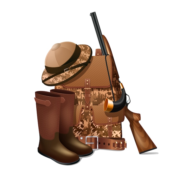 Equipamento de caça vintage e engrenagem retrô pictograma com rifle e camuflagem esportiva