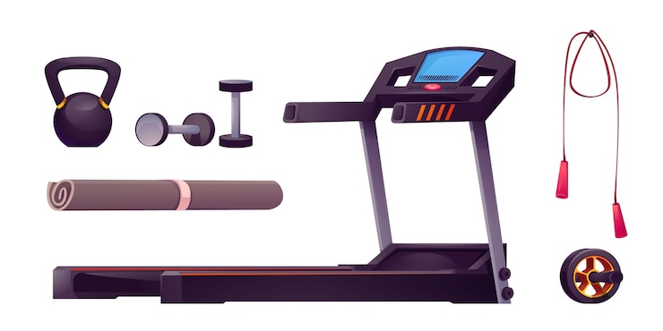 Vetor grátis equipamento esportivo definido para treino em ginásio isolado em vetor de fundo branco ilustração de máquina de esteira haltere peso ab roda rolou tapete de ioga pulando corda elementos de centro de fitness