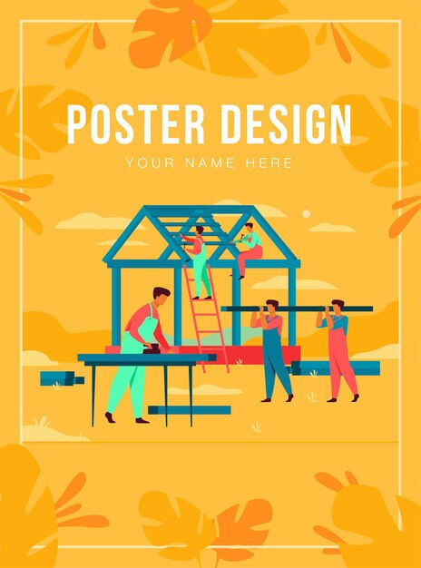 Equipe de carpinteiros profissionais construção de casa ilustração plana isolada. Construtores de desenhos animados em uniforme fazendo telhado e estrutura de parede. Conceito de construção e trabalho em equipe