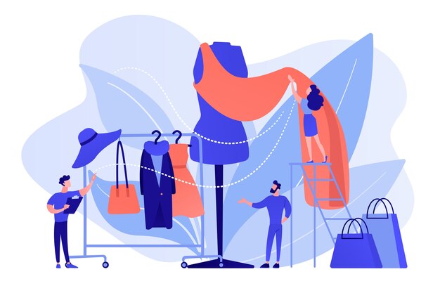 Equipe de designer trabalhando em uma nova coleção de roupas e pedaço de pano no manequim. Indústria da moda, mercado de estilo de roupa, conceito de negócio da moda. Ilustração de vetor isolado de coral rosa