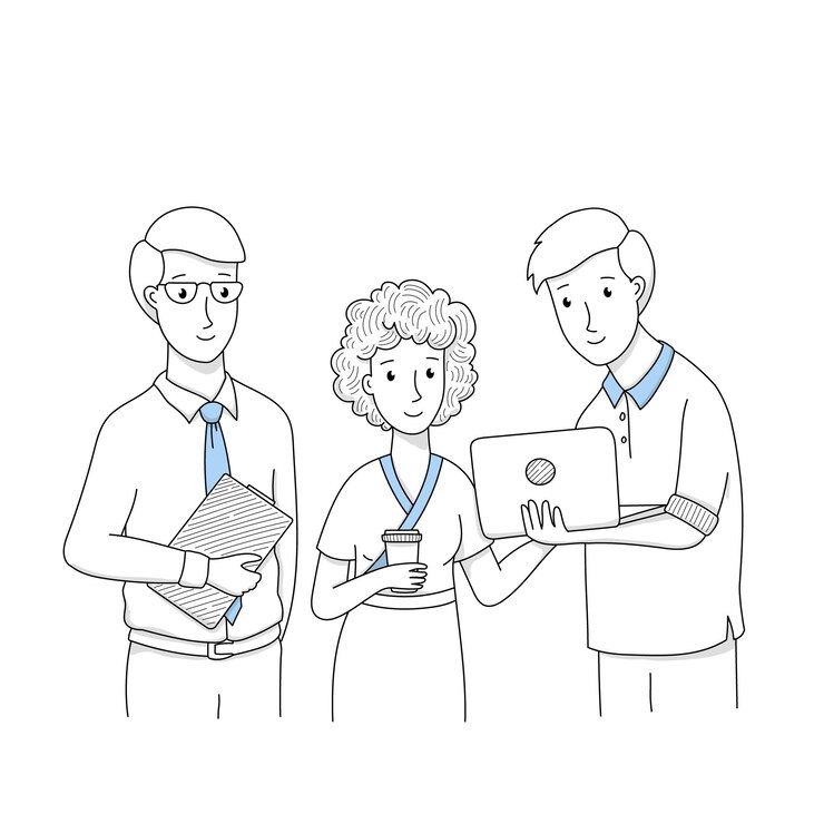 Vetor grátis equipe de executivos do doodle, empresários com laptop ou prancheta e mulher segurando a xícara de café discutem questões de trabalho, trabalho em equipe de funcionários corporativos, grupo de gerente no escritório ilustração em vetor linear