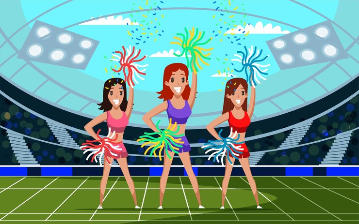 Vetor grátis equipe de líderes de torcida jovens alegres com personagens de desenhos animados de pompons sorrindo mulheres atraentes dançando na arena do estádio